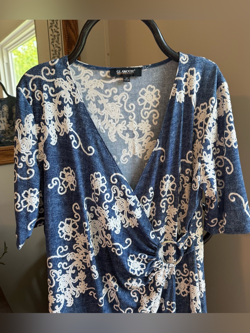 Wrap Dress Size 14 Faux Jean with Cream embroidered detail